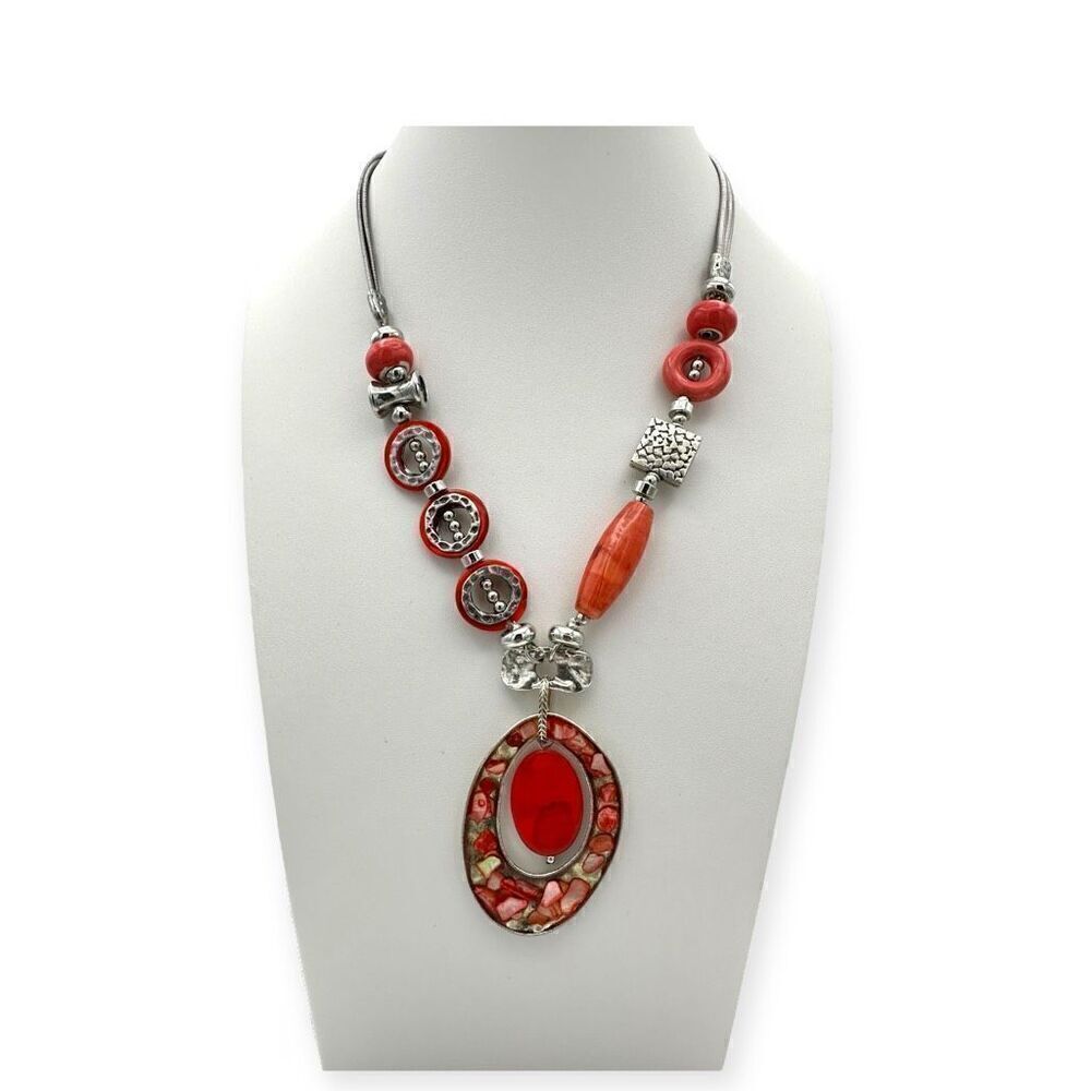 Beaded funky statement necklace orange 18 inches long reversible